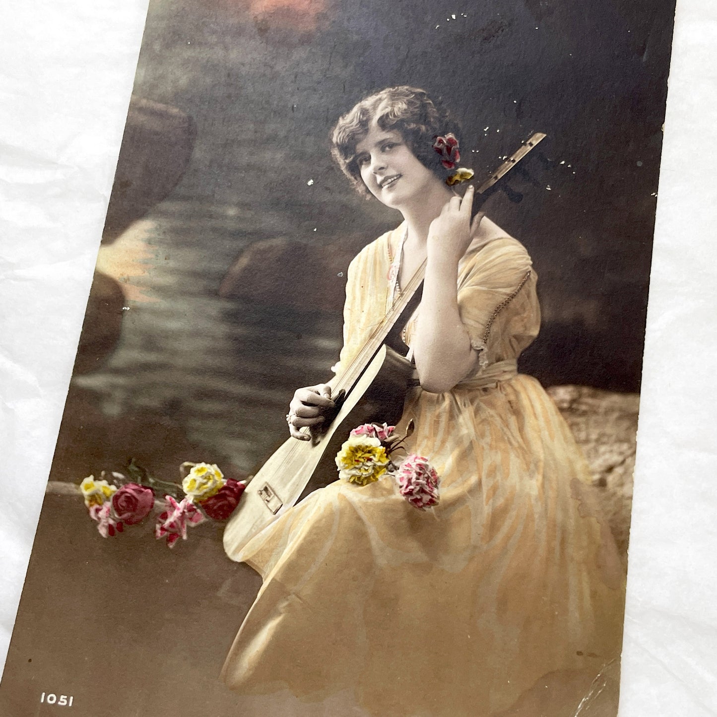 1910s - Vintage Hand-Tinted Postcard - Young Woman Playing Mandolin - Edwardian Era Glamour Portrait - Collectible Art Nouveau Style