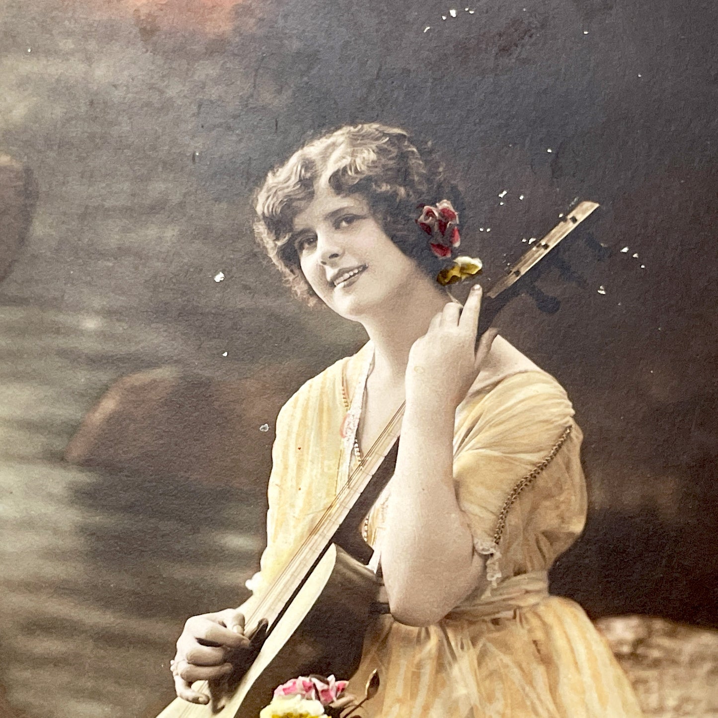 1910s - Vintage Hand-Tinted Postcard - Young Woman Playing Mandolin - Edwardian Era Glamour Portrait - Collectible Art Nouveau Style