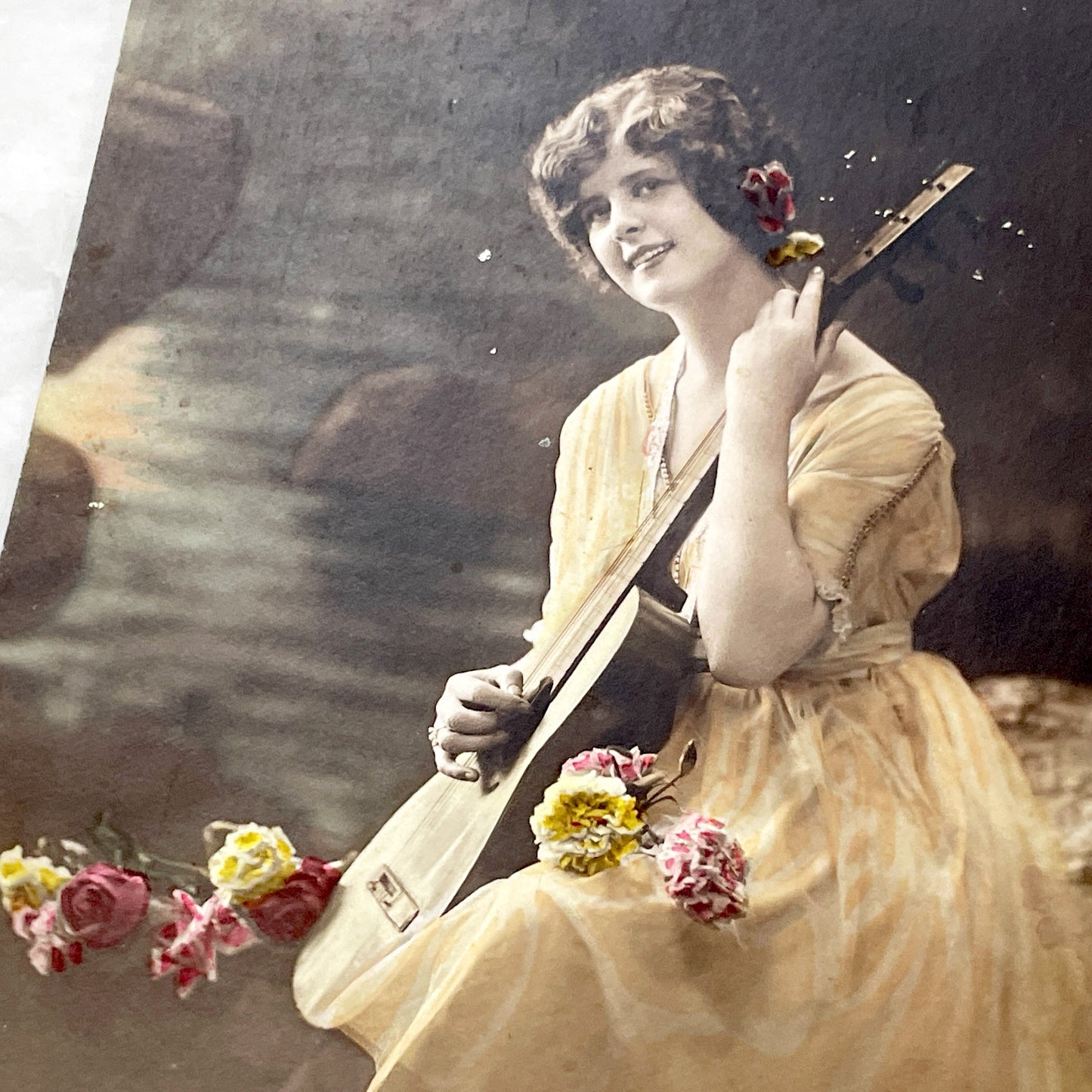 1910s - Vintage Hand-Tinted Postcard - Young Woman Playing Mandolin - Edwardian Era Glamour Portrait - Collectible Art Nouveau Style