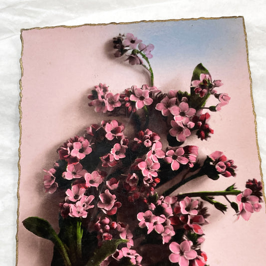 1920s - Vintage Pink Flowers Decorative Card - Antique Chromolithograph Print - Botanical Art - Gold Deckled Edge Floral Bouquet
