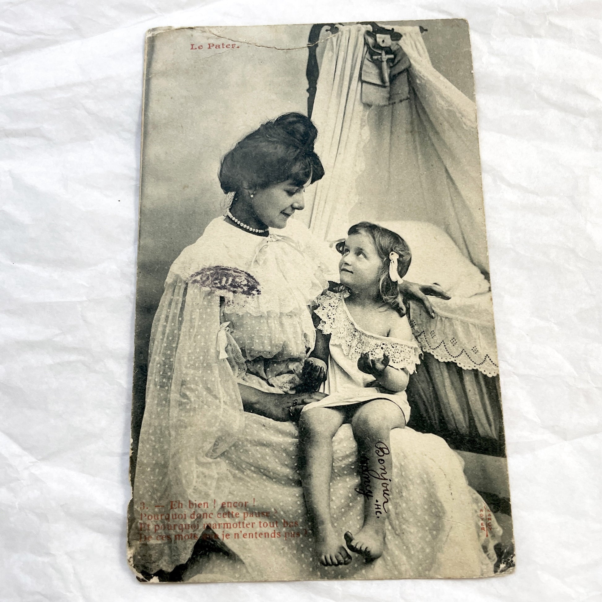 1900s - Vintage French Postcard - Elegant Mother & Child Portrait - Le Pater Religious Theme - Edwardian Era - French Dialogue - Collectible