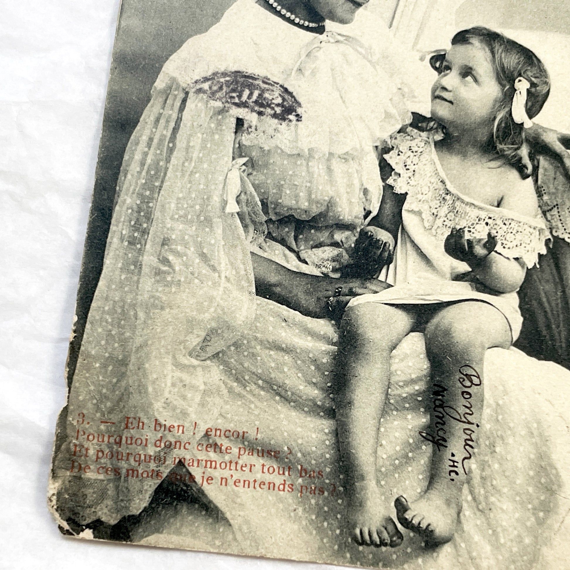 1900s - Vintage French Postcard - Elegant Mother & Child Portrait - Le Pater Religious Theme - Edwardian Era - French Dialogue - Collectible