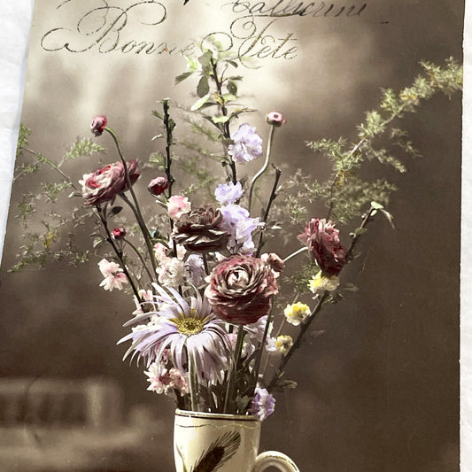 1910s - French Sainte Catherine Postcard - Hand-Tinted Floral Still Life - Vintage Greeting Card - Antique French Catherinettes Day Ephemera