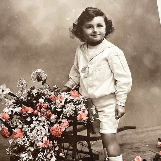 1910s - Antique Child Photo - Hand Colored Postcard - Sailor Suit Boy with Flowers - Vintage Floral Ephemera - Collectible Card