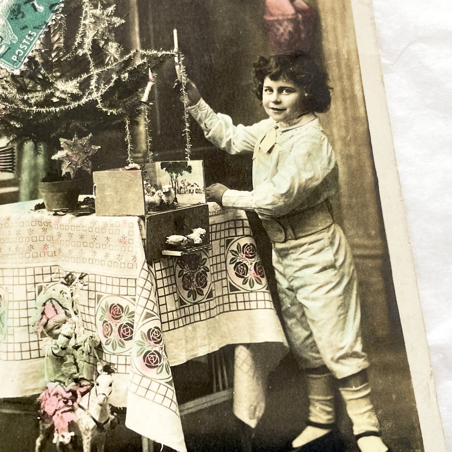 1900s - Antique French Christmas Postcard - Joyeux Noel Child Decorating Tree - Hand Colored Sepia Photo Holiday Greeting Card