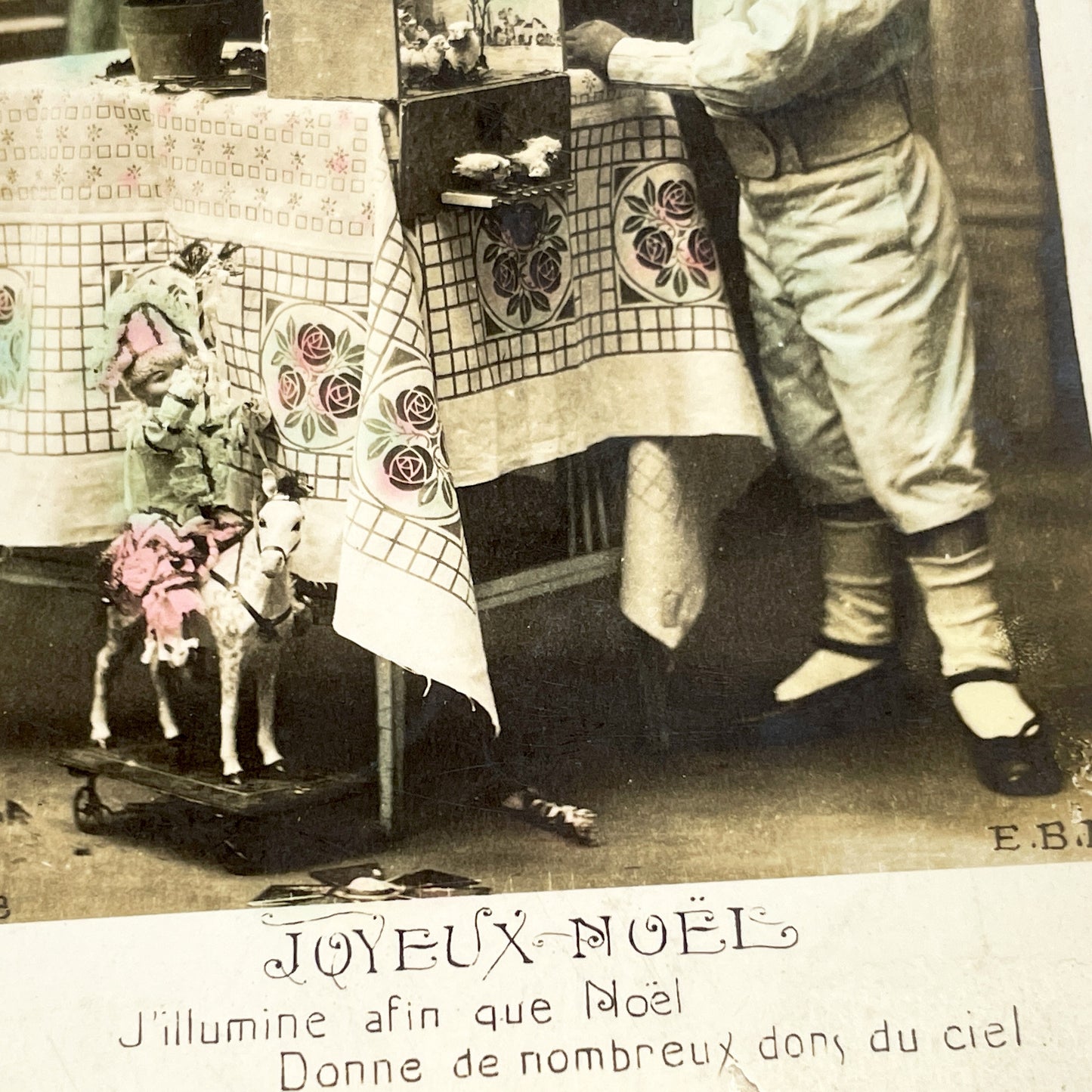 1900s - Antique French Christmas Postcard - Joyeux Noel Child Decorating Tree - Hand Colored Sepia Photo Holiday Greeting Card