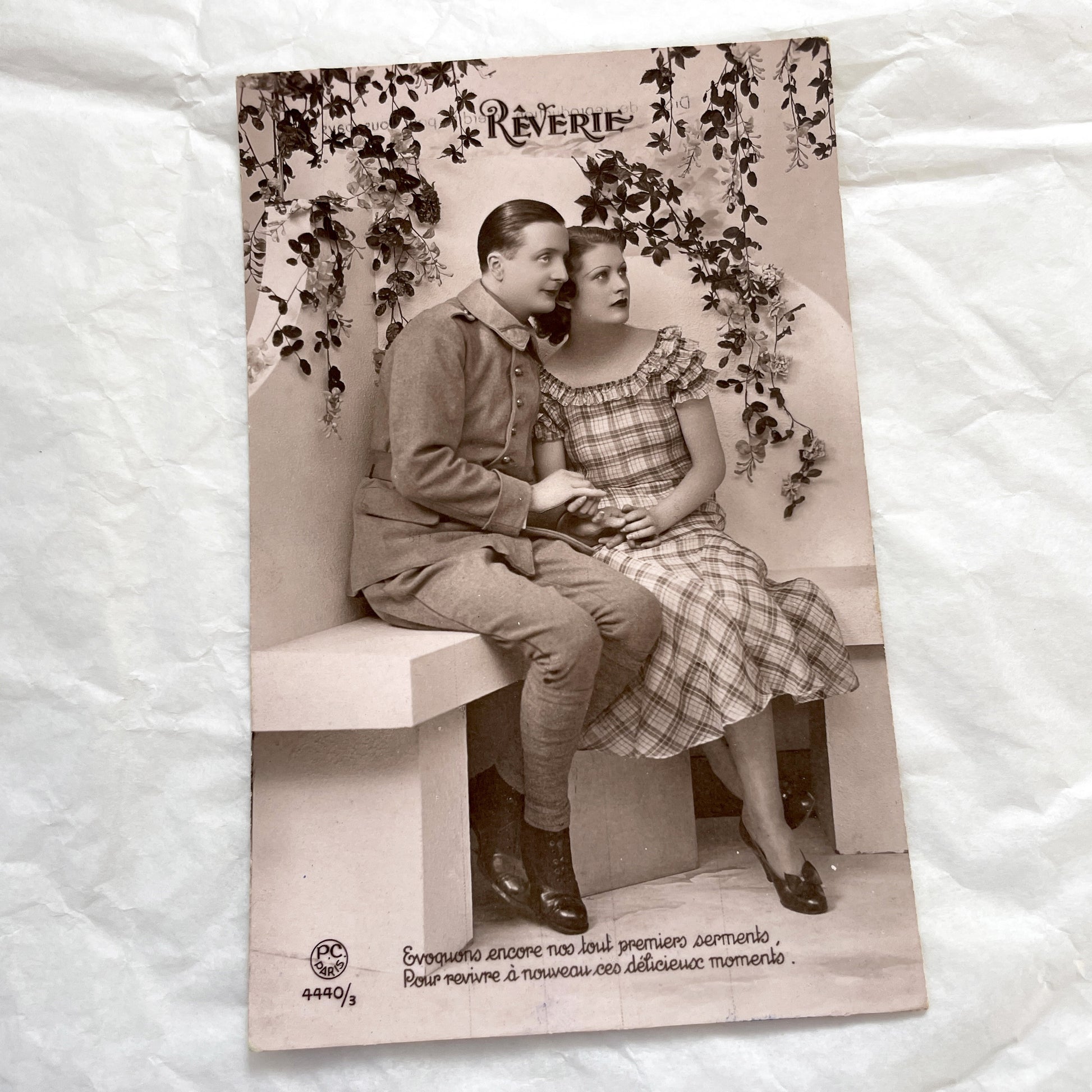 1940s - Vintage French Reverie Postcard - Romantic Couple Photo - Wisteria Flowers - Paris Carte Postale - Old Love Memento
