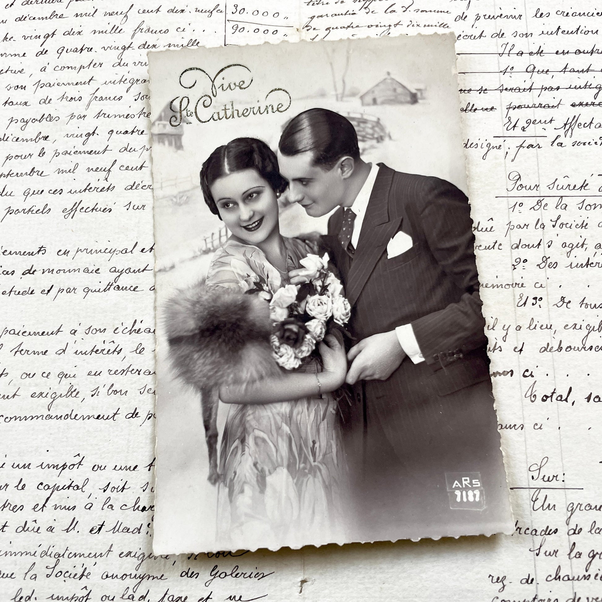 1940s - Vintage Photo Postcard - Romantic Couple Portrait - Elegant Art Deco Fashion - 'Vive Catherine' - Black White Ephemera Collectible