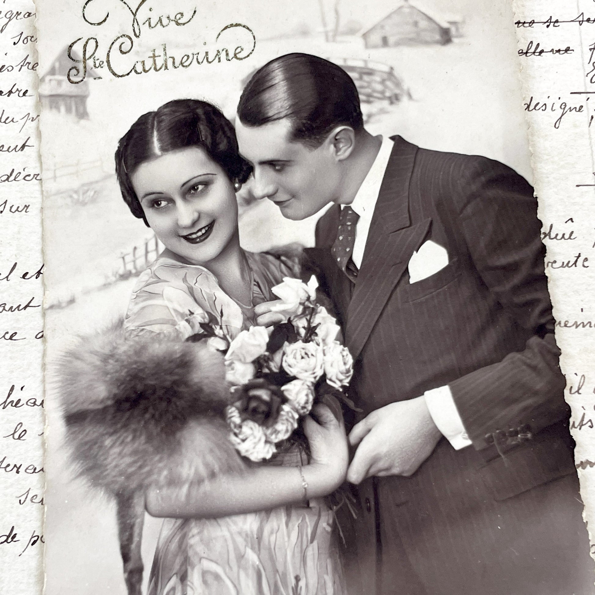 1940s - Vintage Photo Postcard - Romantic Couple Portrait - Elegant Art Deco Fashion - 'Vive Catherine' - Black White Ephemera Collectible