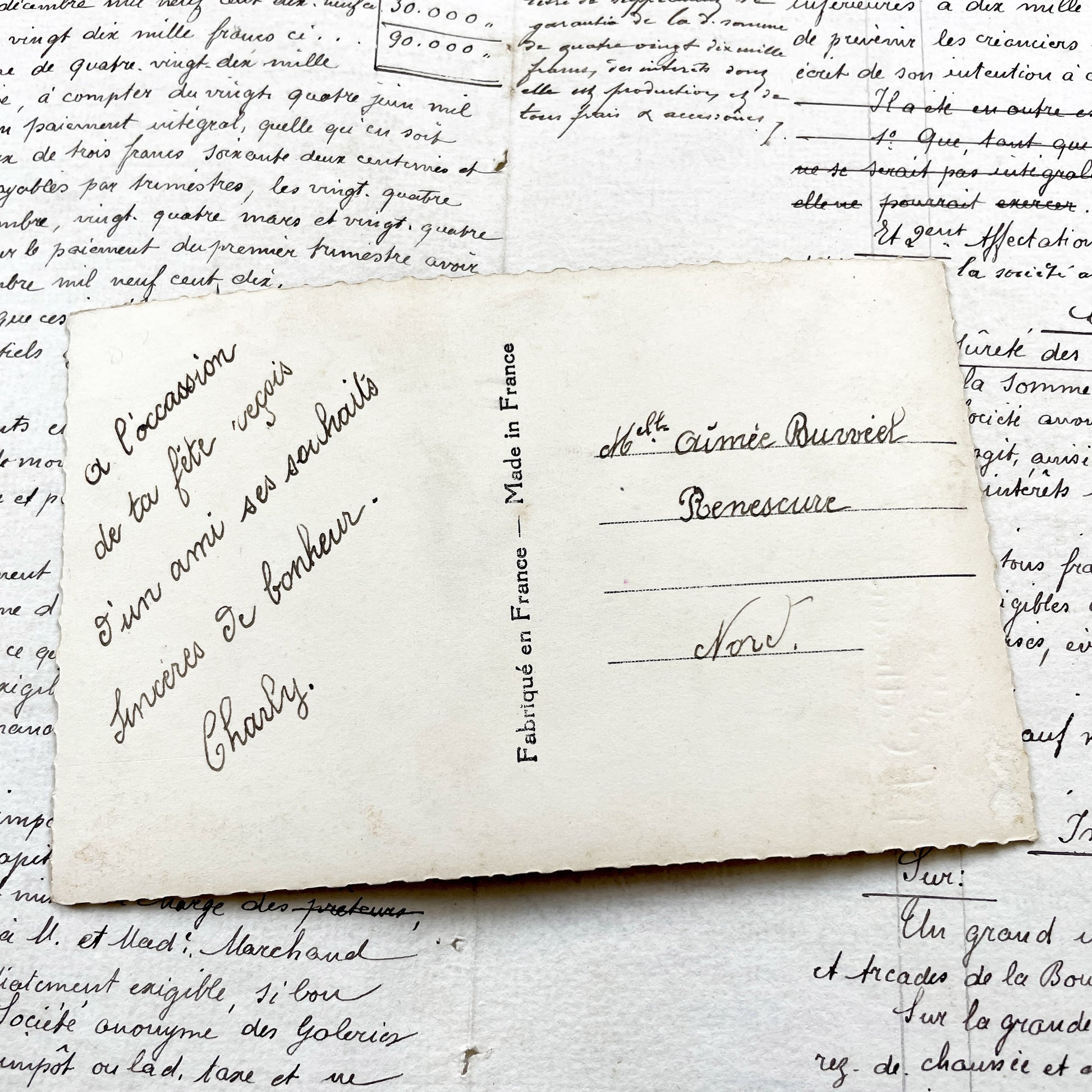 1940s - Vintage Photo Postcard - Romantic Couple Portrait - Elegant Art Deco Fashion - 'Vive Catherine' - Black White Ephemera Collectible