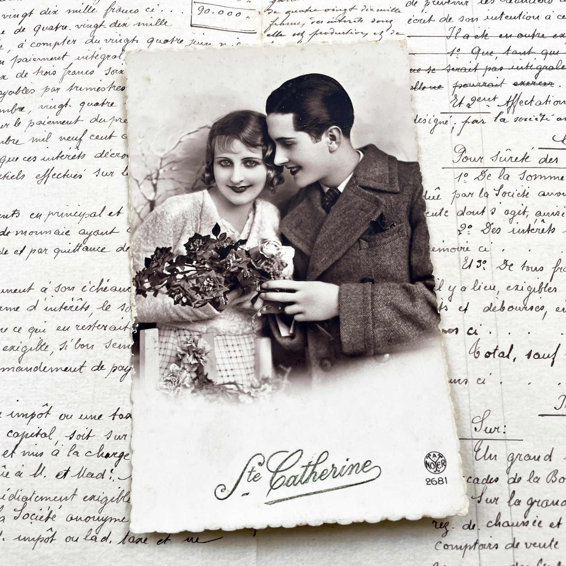 1930s - Vintage Romantic Couple Photo - Black & White Portrait - Flapper Era Lovers - Ste Catherine Studio - Affectionate Gaze