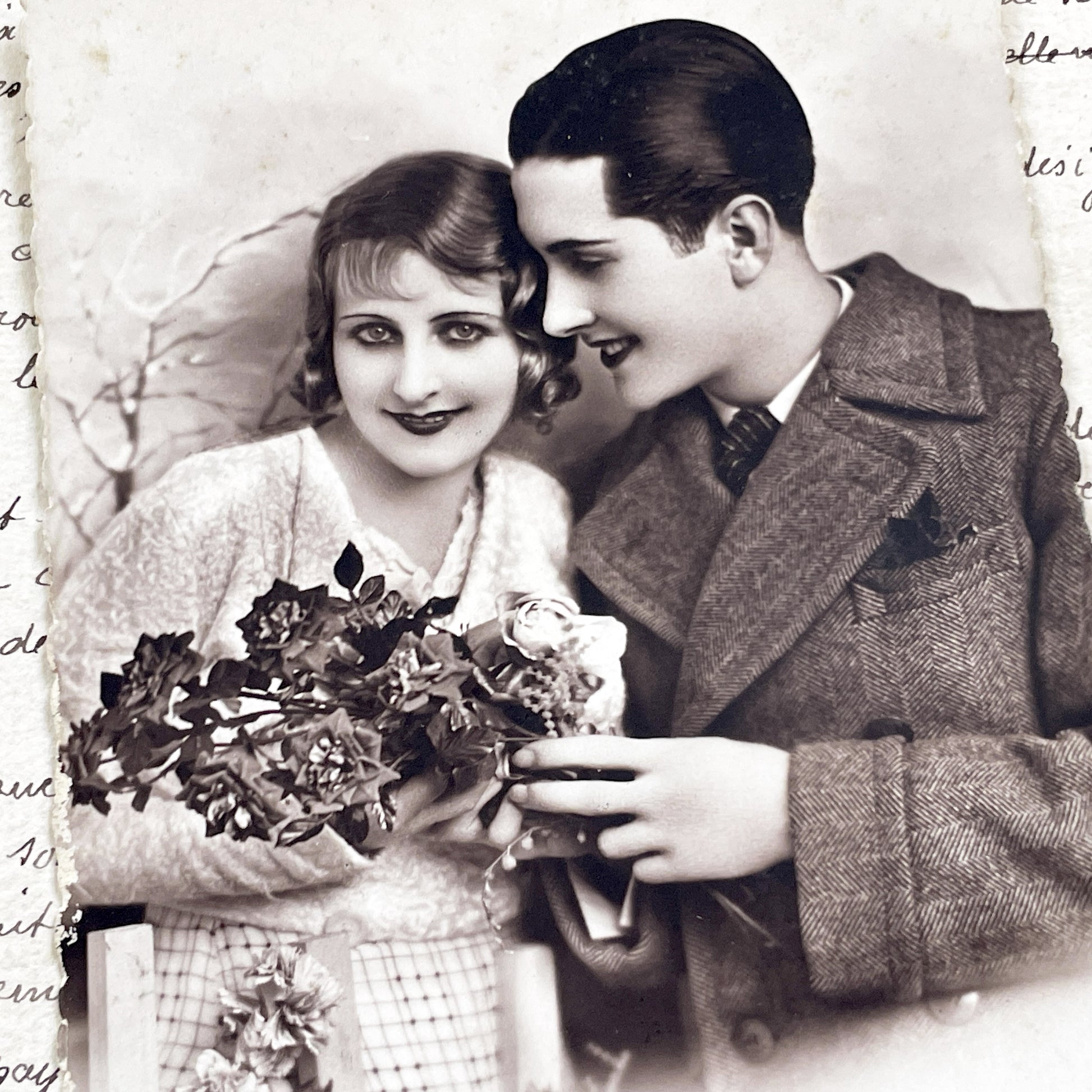 1930s - Vintage Romantic Couple Photo - Black & White Portrait - Flapper Era Lovers - Ste Catherine Studio - Affectionate Gaze