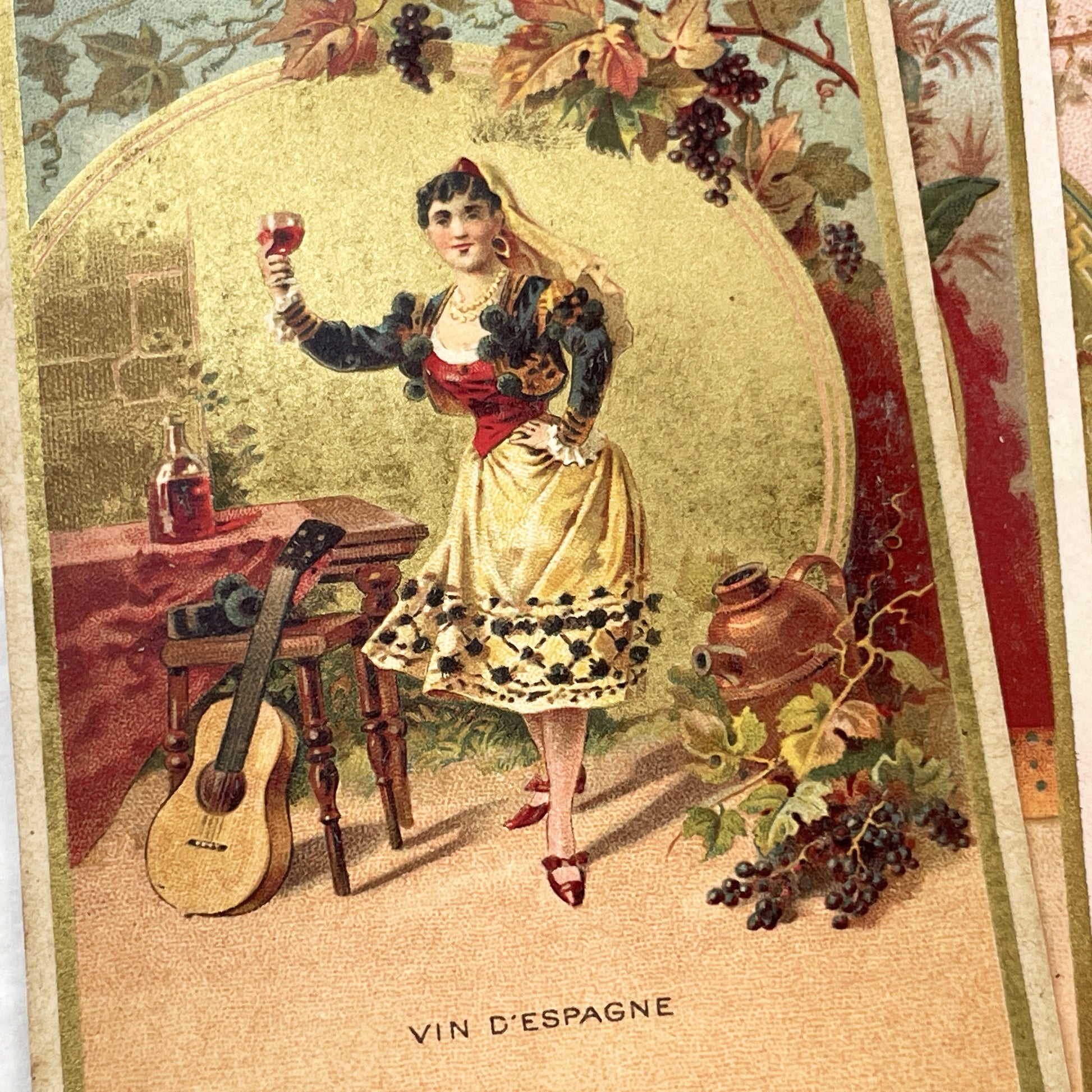 1900s - Set of Three Advertising Chromolithograph - Au Bon Marche Trade Cards - Vintage Wine Coffee Paris Art Print Decor