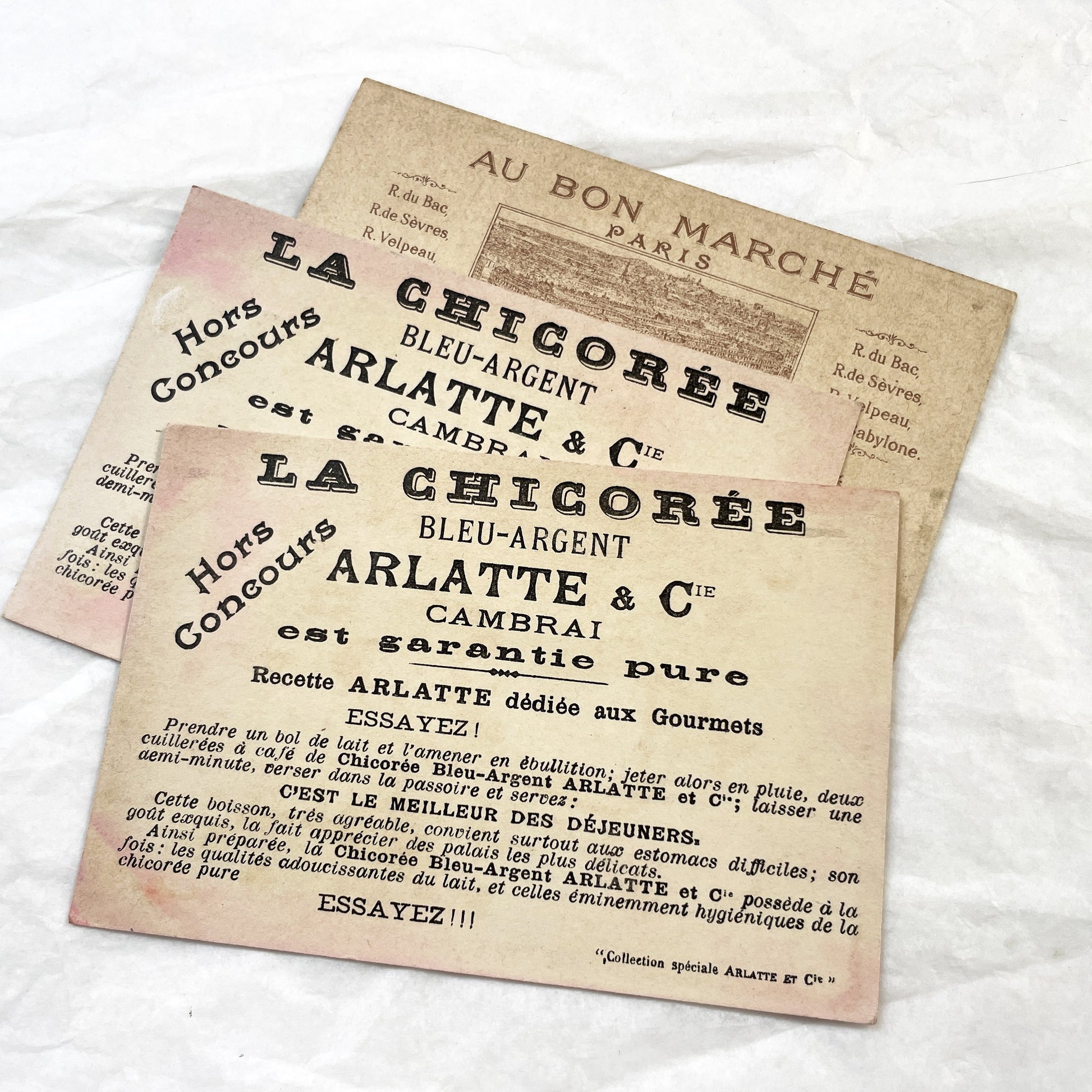1900s - Set of Three Advertising Chromolithograph - Au Bon Marche Trade Cards - Vintage Wine Coffee Paris Art Print Decor
