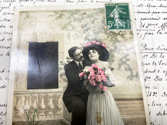 1900s - Vintage French Postcard - Belle Epoque Romantic Couple - Hand Colored Photo - Romantic Couple with Flowers