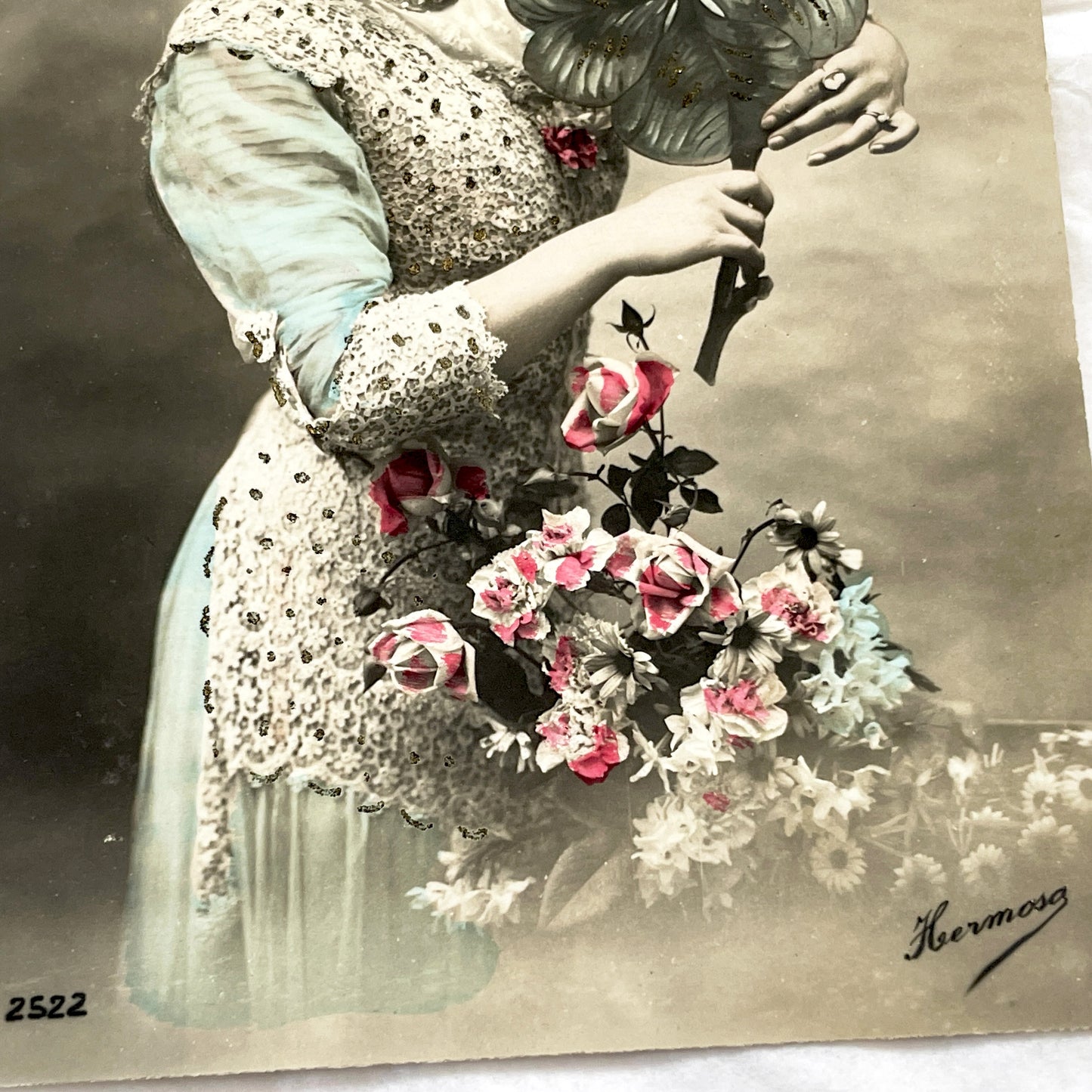 1910s - Antique Tinted Photo Postcard - Elegant Edwardian Lady - Four Leaf Clover - Floral Bouquet - Collectible Ephemera Art