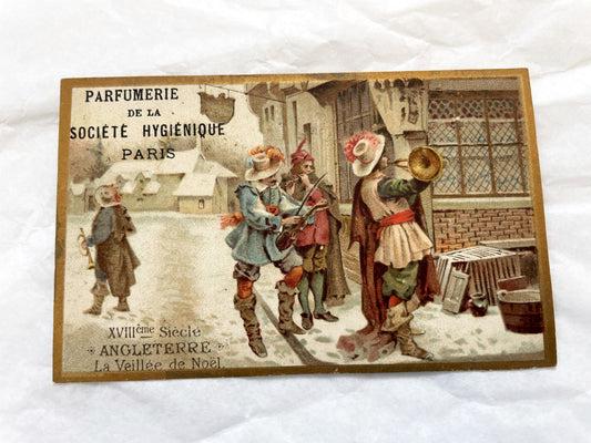 Late 19th - Set of 3 Chromolithograph Advertising Cards - French Perfume - Société Hygiénique Paris - Historical European Holiday Scenes