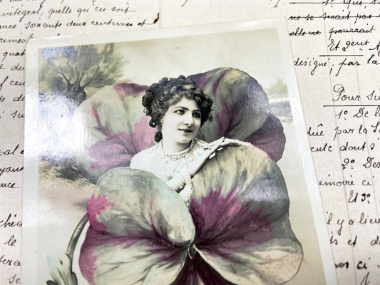 1900s - French Vintage Postcard - Beautiful Woman Portrait - Colorized Pansy Flower Frame - Sentimental Message - Ephemera Collectible