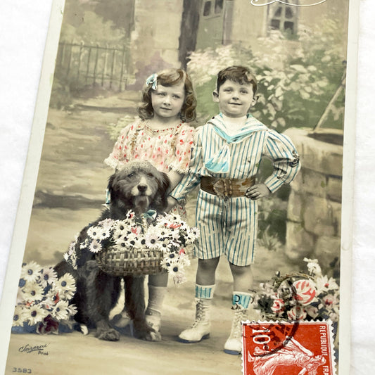 1910s - Vintage French Postcard - Children, Dog, Daisies Basket - Sailor Suit Boy - Friendship Souvenir - Hand-Tinted Sepia Photoble