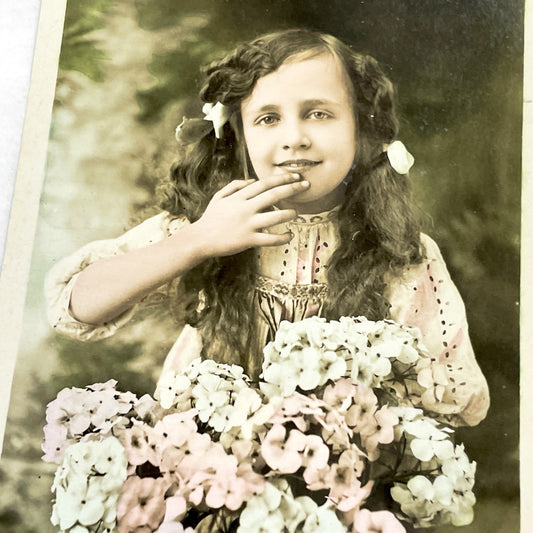 1910s - Antique French Postcard - Charming Hand Tinted Young Girl Portrait - Floral Bouquet - Mille Baisers Greeting Card