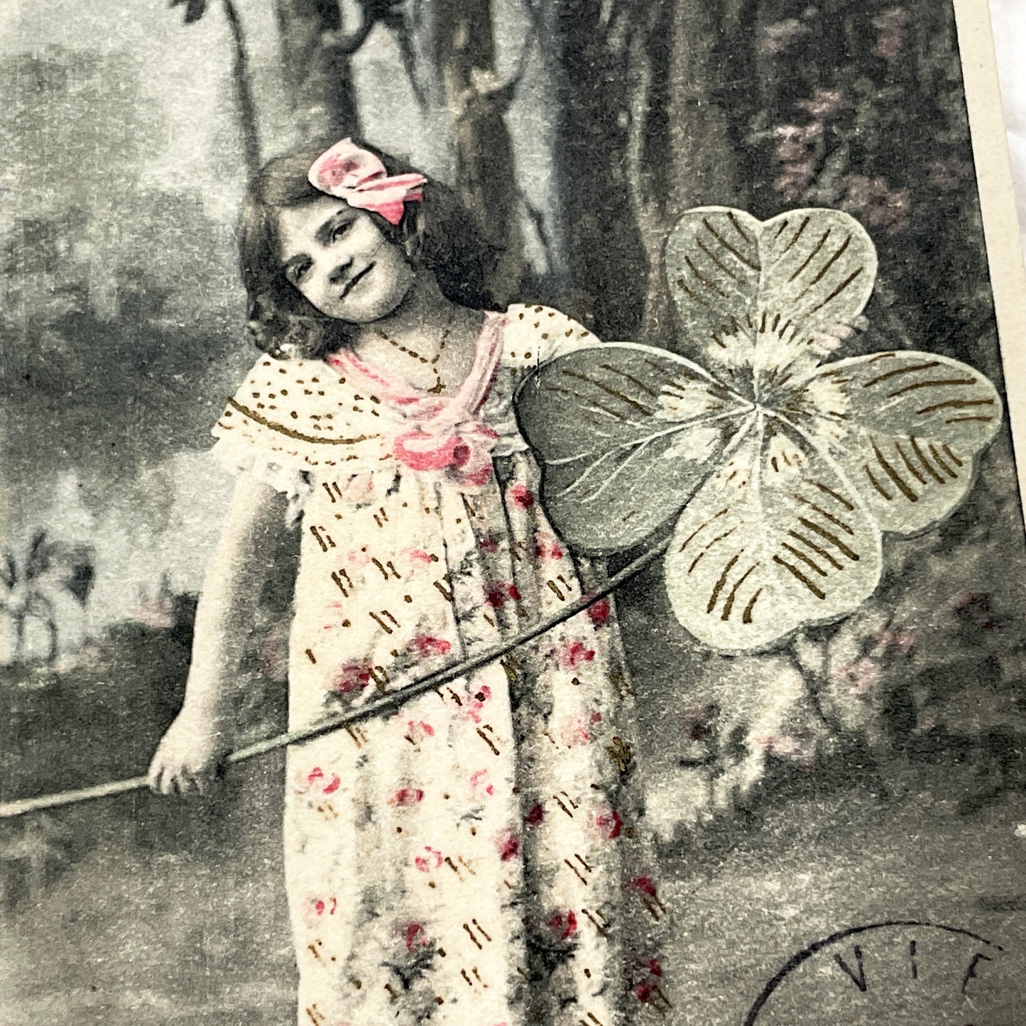 1900s - Antique French Hand Tinted Postcard - Lucky Charm Little Girl - Four Leaf Clover Symbolism - Unique Collectible Ephemera