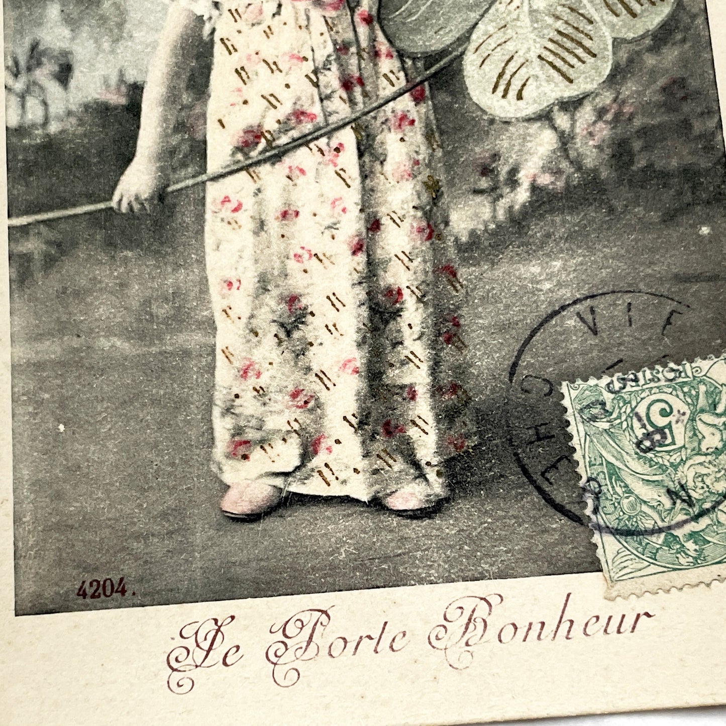 1900s - Antique French Hand Tinted Postcard - Lucky Charm Little Girl - Four Leaf Clover Symbolism - Unique Collectible Ephemera
