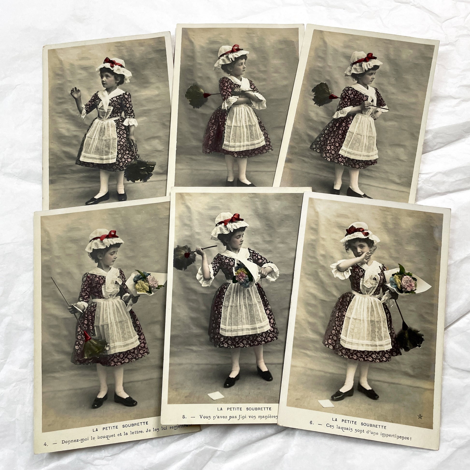1900s - Set of 6 French Soubrette Postcard Set - Six Hand Colored Sepia Photographs - Edwardian Child Maid Ephemera - Charming Character