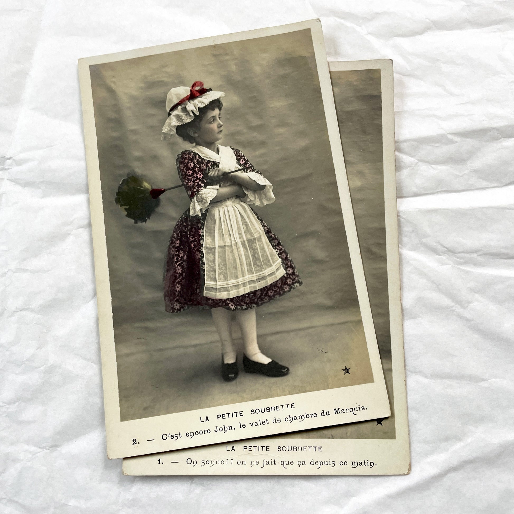 1900s - Set of 6 French Soubrette Postcard Set - Six Hand Colored Sepia Photographs - Edwardian Child Maid Ephemera - Charming Character