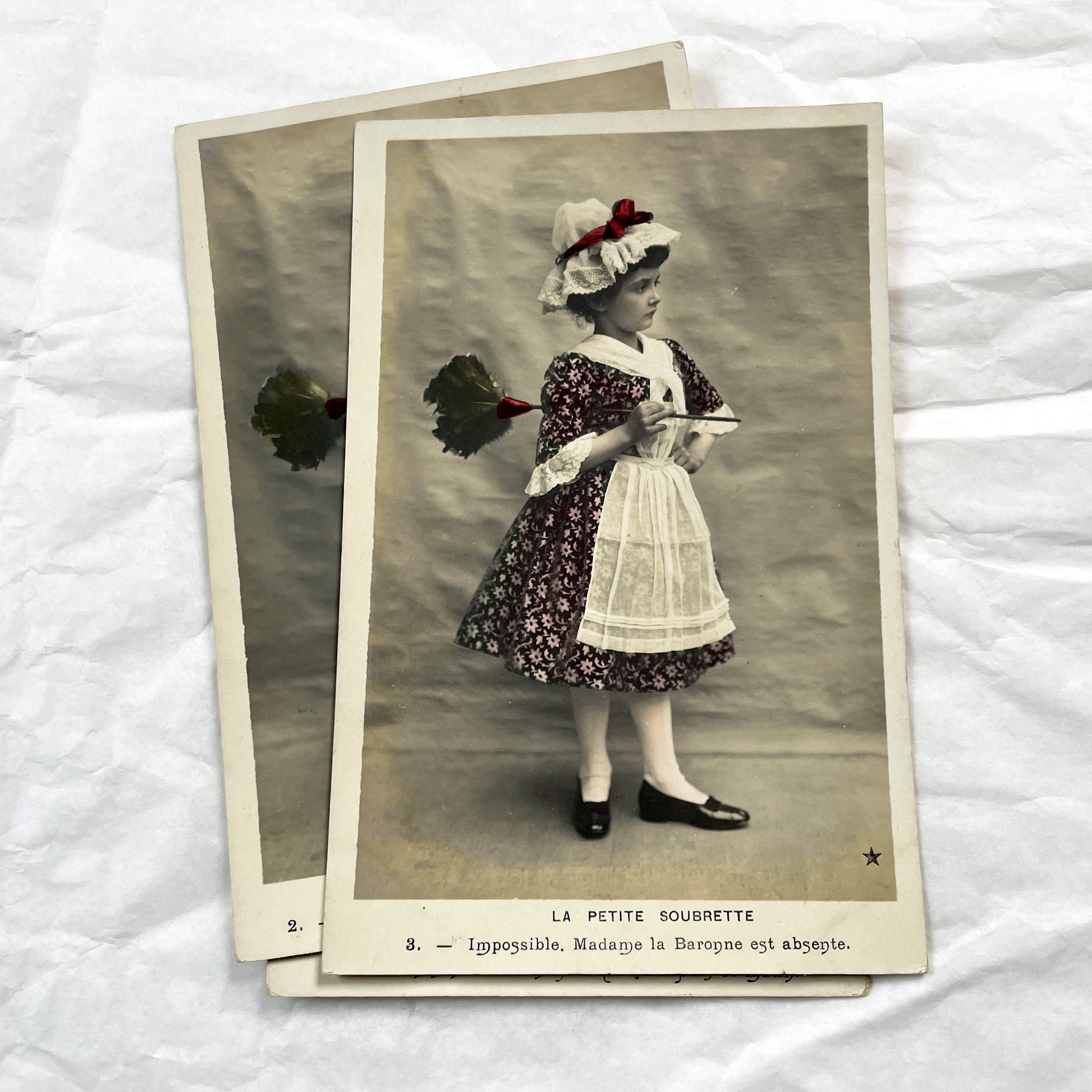 1900s - Set of 6 French Soubrette Postcard Set - Six Hand Colored Sepia Photographs - Edwardian Child Maid Ephemera - Charming Character
