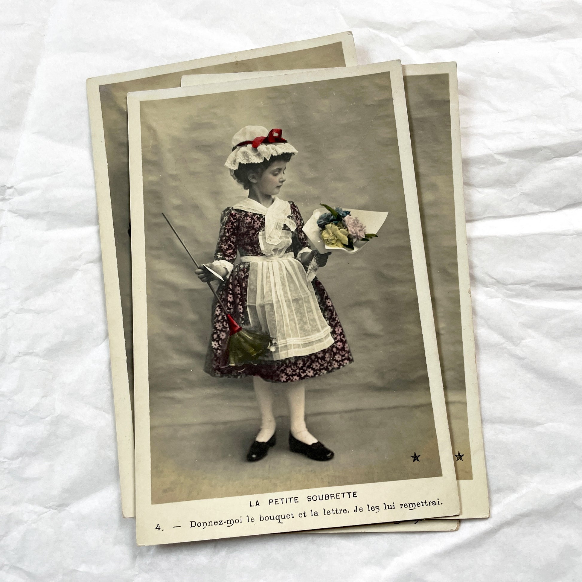 1900s - Set of 6 French Soubrette Postcard Set - Six Hand Colored Sepia Photographs - Edwardian Child Maid Ephemera - Charming Character