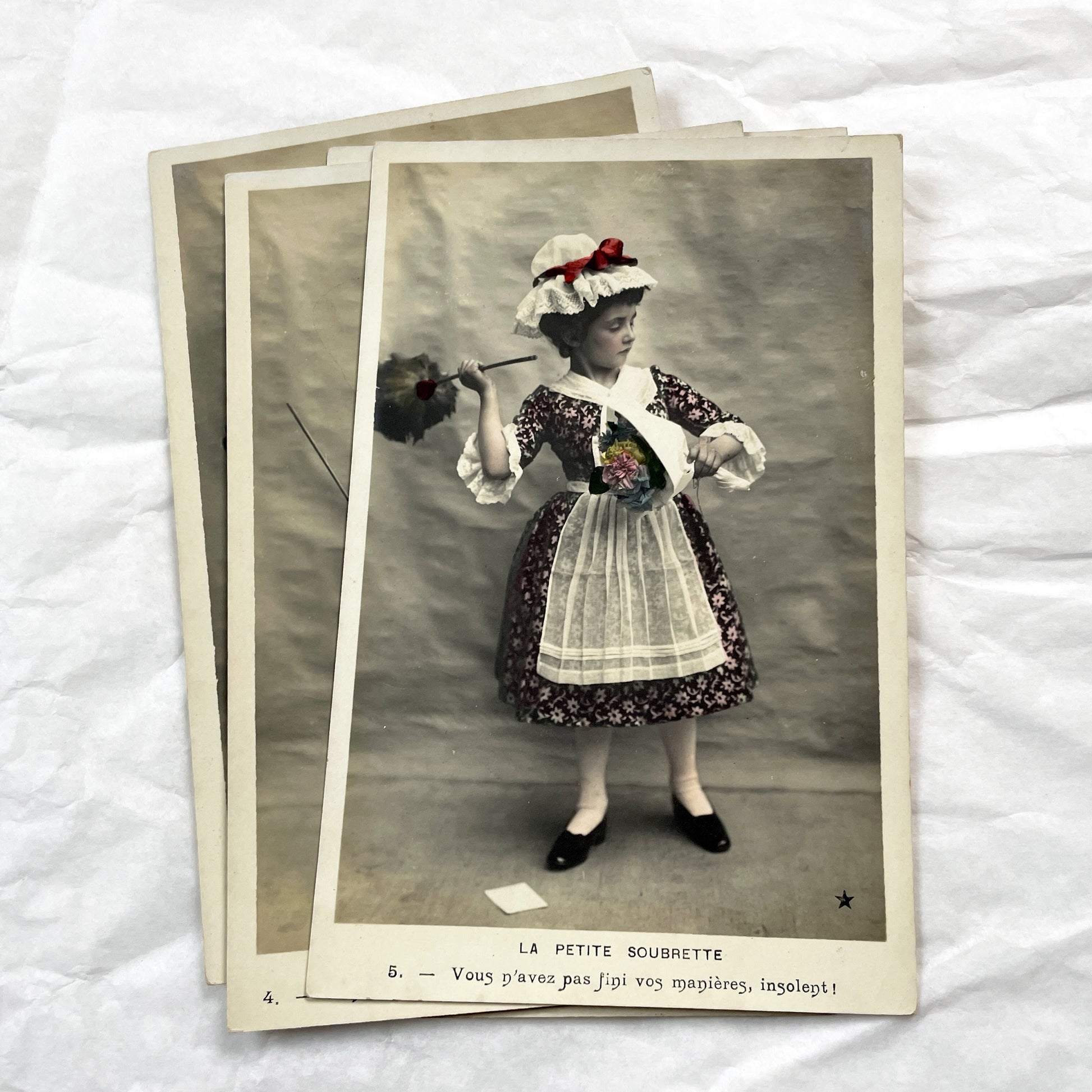 1900s - Set of 6 French Soubrette Postcard Set - Six Hand Colored Sepia Photographs - Edwardian Child Maid Ephemera - Charming Character