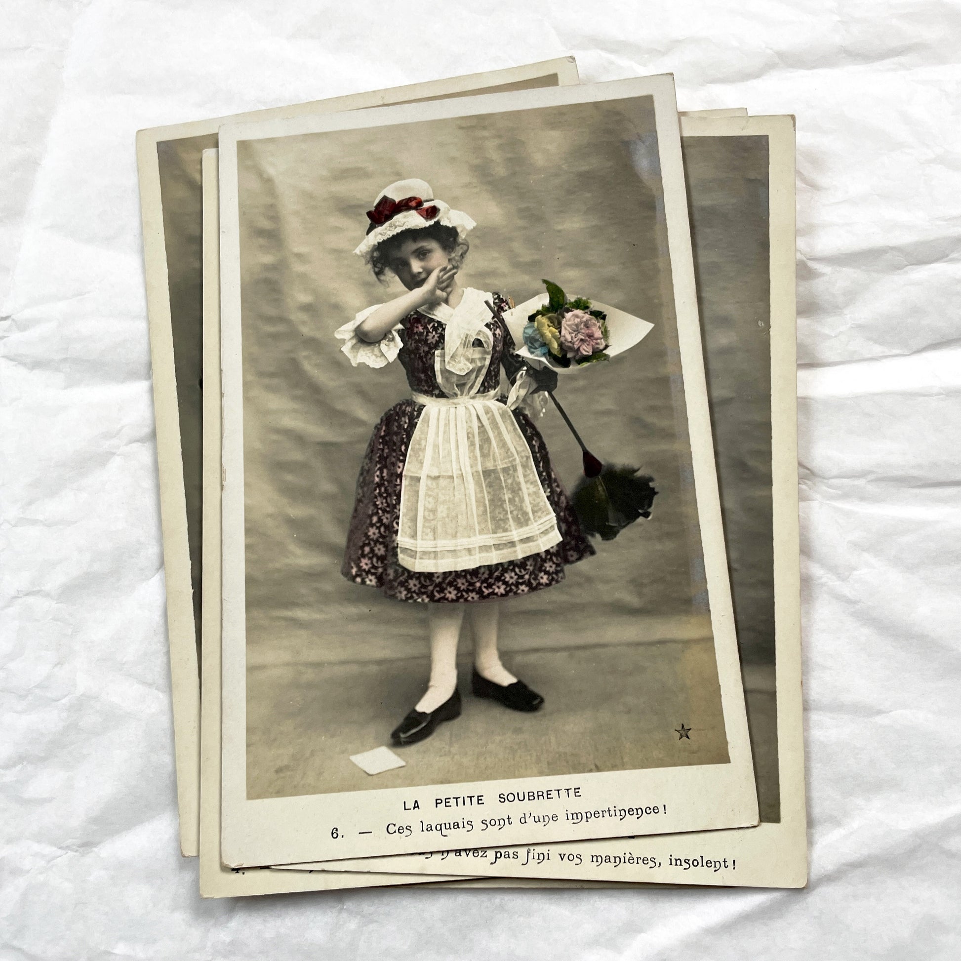 1900s - Set of 6 French Soubrette Postcard Set - Six Hand Colored Sepia Photographs - Edwardian Child Maid Ephemera - Charming Character