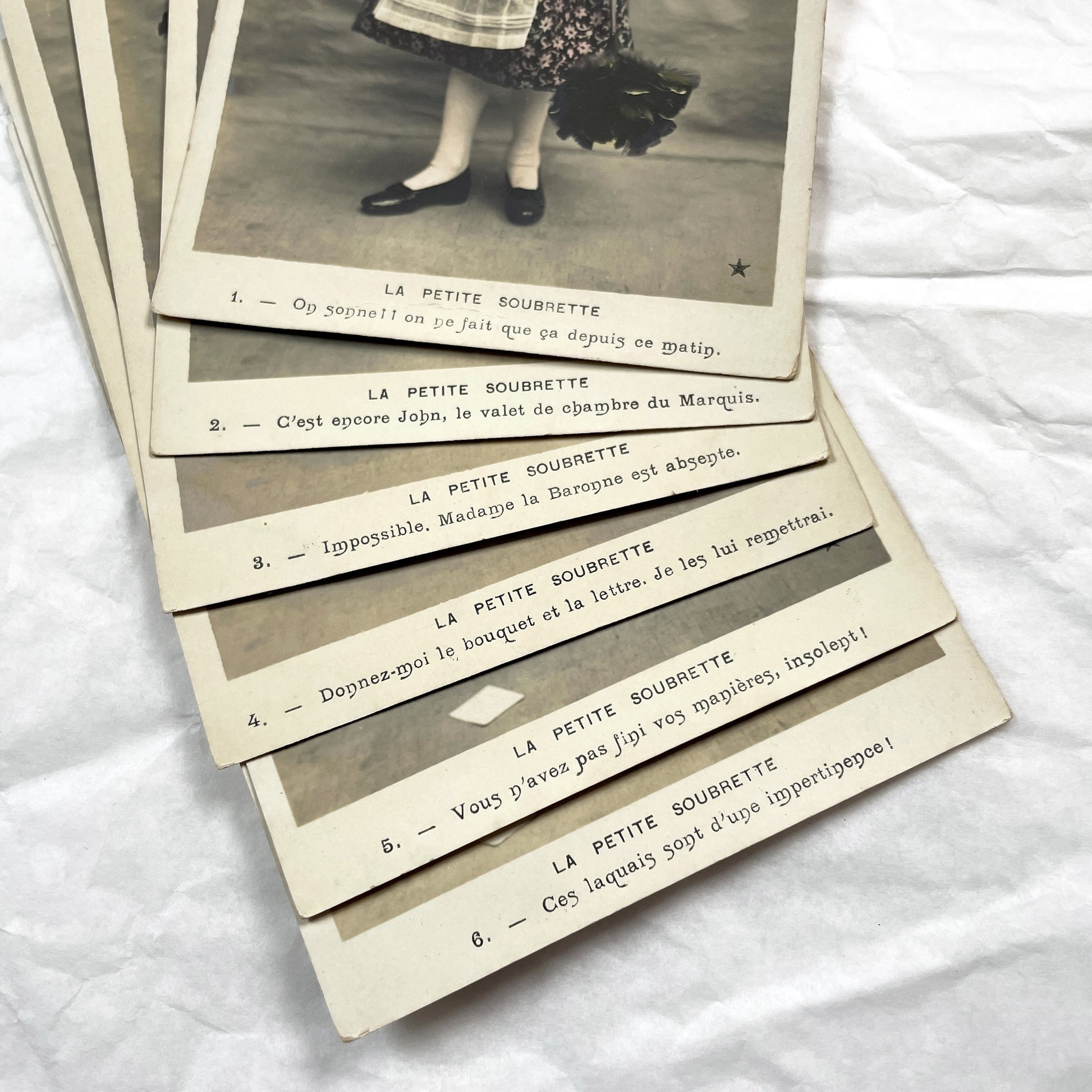 1900s - Set of 6 French Soubrette Postcard Set - Six Hand Colored Sepia Photographs - Edwardian Child Maid Ephemera - Charming Character