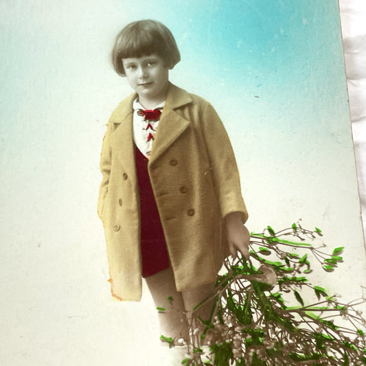 1910s - Vintage French Postcard - Young Boy Portrait with Foliage - Hand Colored Child Figure - Antique Bonne Annee Holiday Greeting Card