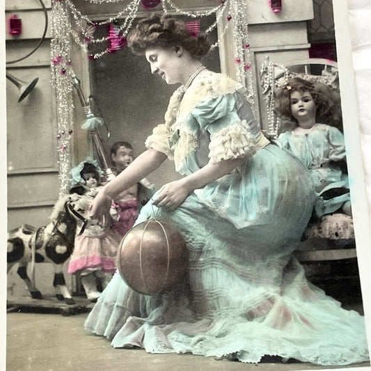 1900s - Antique French Christmas Postcard - Edwardian Lady with Rocking Horse & Dolls - Hand-Colored Holiday Festive Scene