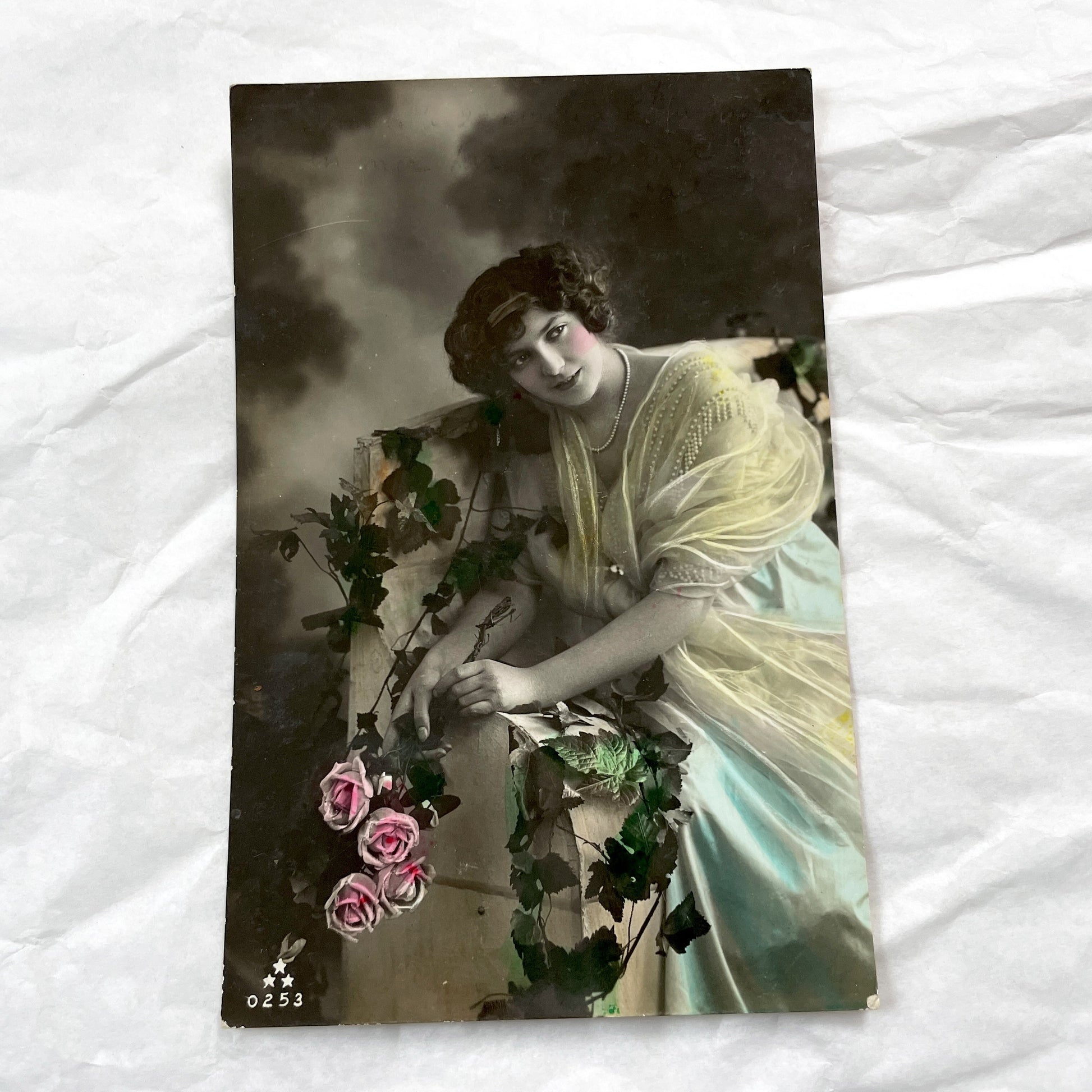 1910s - Edwardian Lady Portrait Postcard - Vintage Tinted Photo - Beautiful Woman Original Ephemera - Antique Art Nouveau Collectible Card