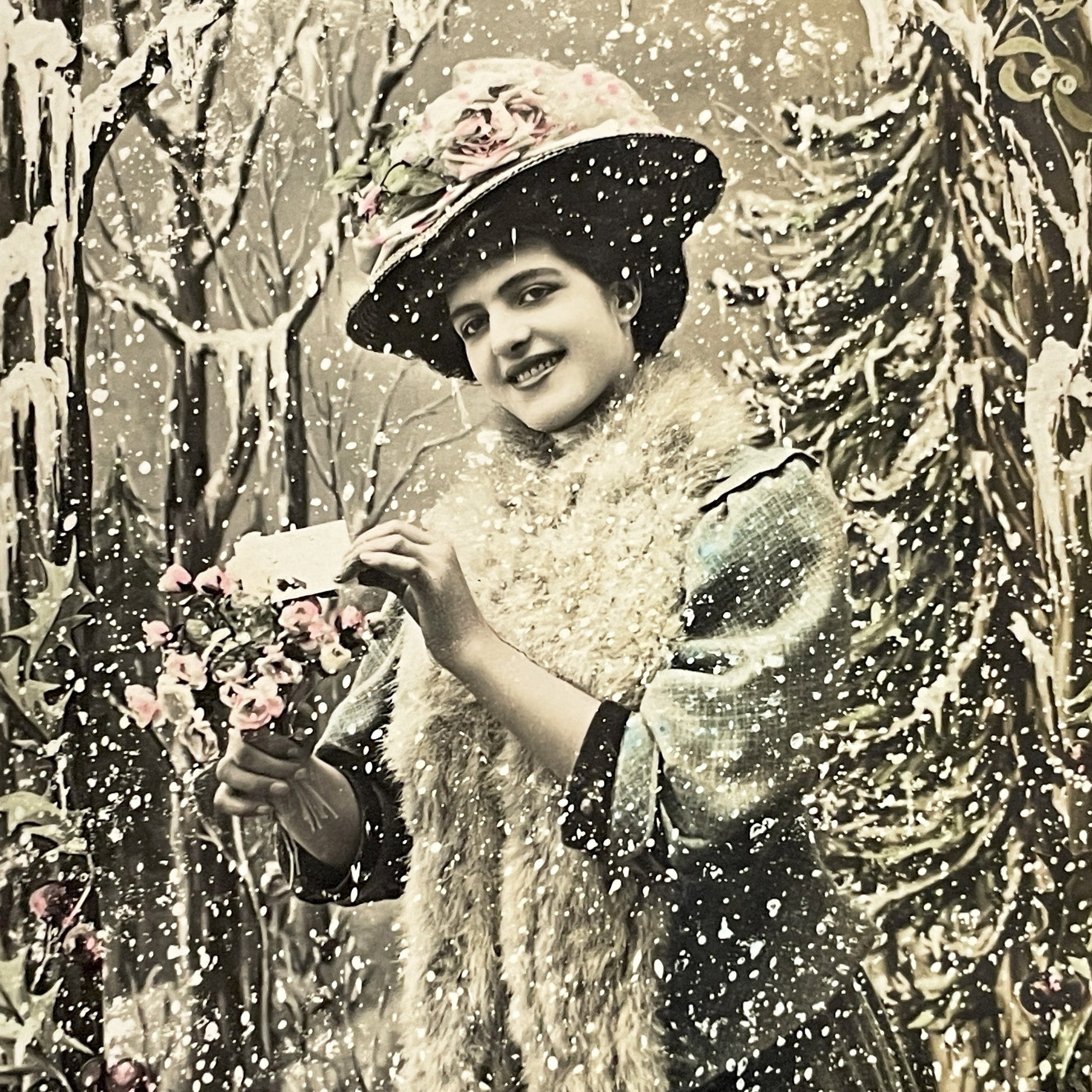 1900s - French Happy New Year Postcard - Edwardian Woman Snowy Scene - Antique Holiday Greeting Card - Belle Epoque - Charming Collectible