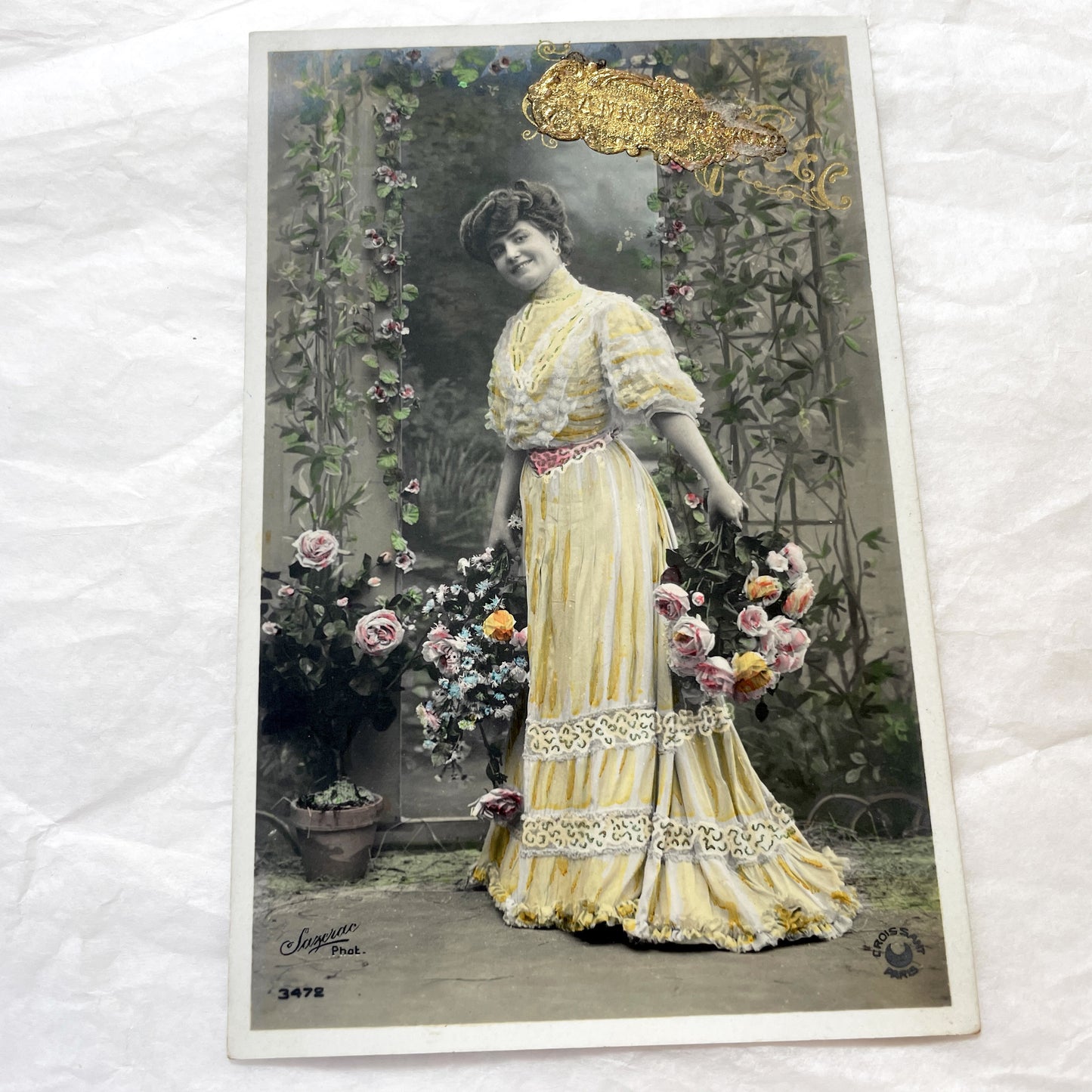 1900s - Belle Époque Hand Colored Postcard - Smiling Woman - Yellow Dress - Pink Roses - Gilded Glitter - French Croissant Paris