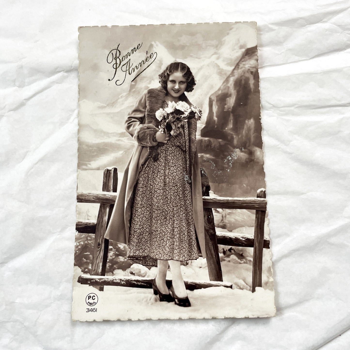 1930s - Vintage French New Year Postcard - Elegant Woman Fur Coat Snowy Mountains - Art Deco Fashion Glamour - Pc Paris 3461