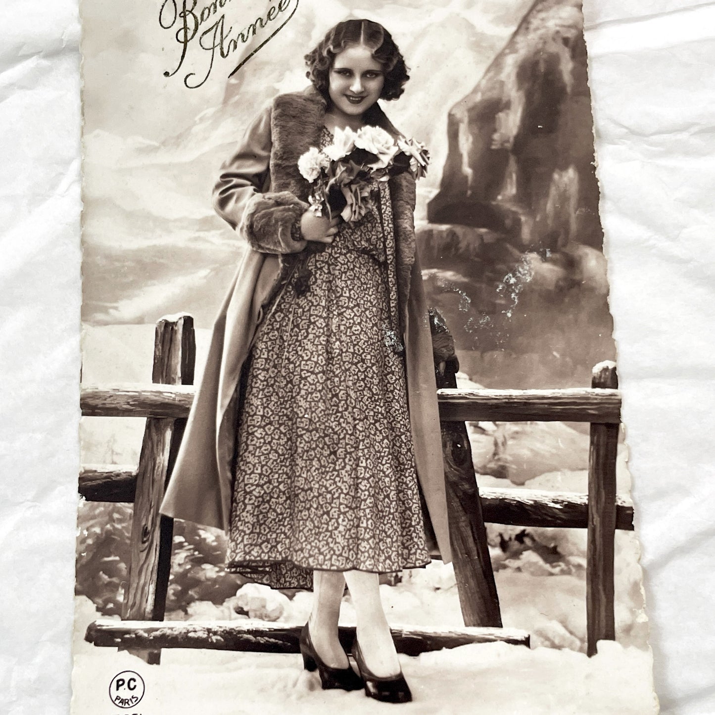 1930s - Vintage French New Year Postcard - Elegant Woman Fur Coat Snowy Mountains - Art Deco Fashion Glamour - Pc Paris 3461