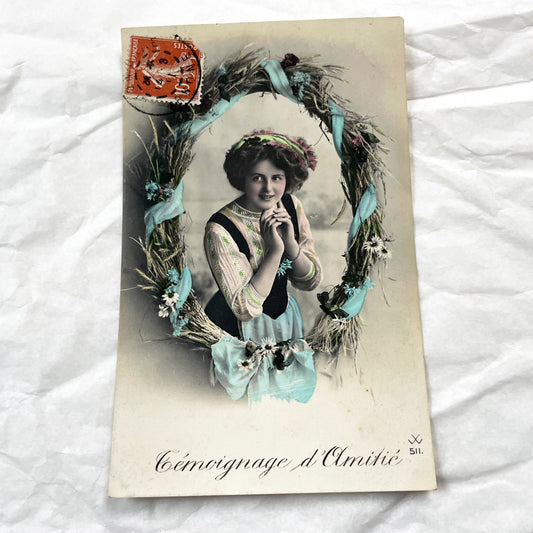 1910s - Antique Hand-Colored French Postcard - Charming Young Woman Portrait in Wheat Wreath - Elegant Friendship Theme Vintage Ephemera