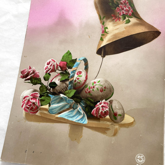 1920s - Vintage French Easter Postcard - Ornate Bell - Decorated Eggs - Pink Roses - Antique Holiday Greeting Card