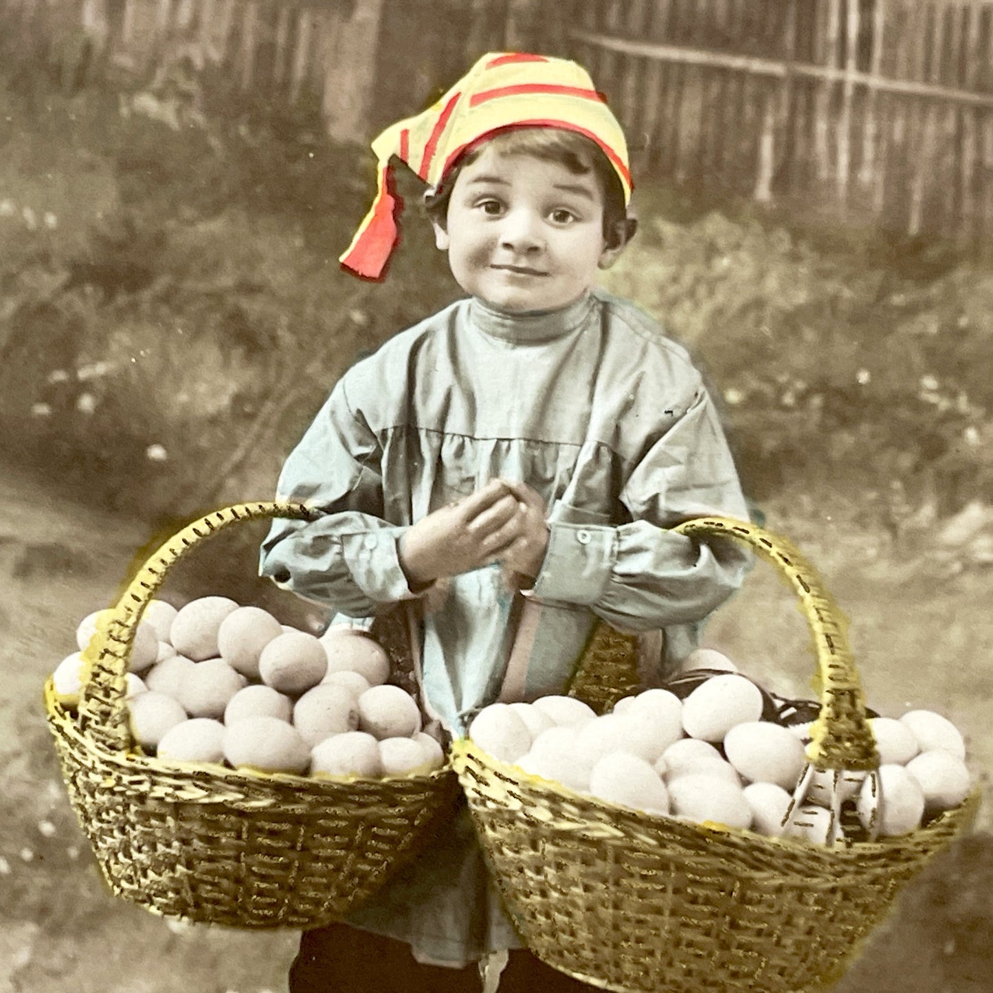 1910s - French Easter Postcard - Charming Child with Baskets of Eggs - Sepia Tone Hand-Colored Antique Holiday Greeting Card - Rural Scene