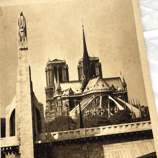 1930s - Vintage Notre Dame Cathedral Postcard - Paris France Architecture - Seine River Bridge View - Sepia Tone Print - Parisian Landmark