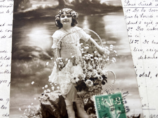 1900s - Antique French Postcard - Little Girl Flower Basket Sepia Photo - Handwritten Legal Document - Ephemera