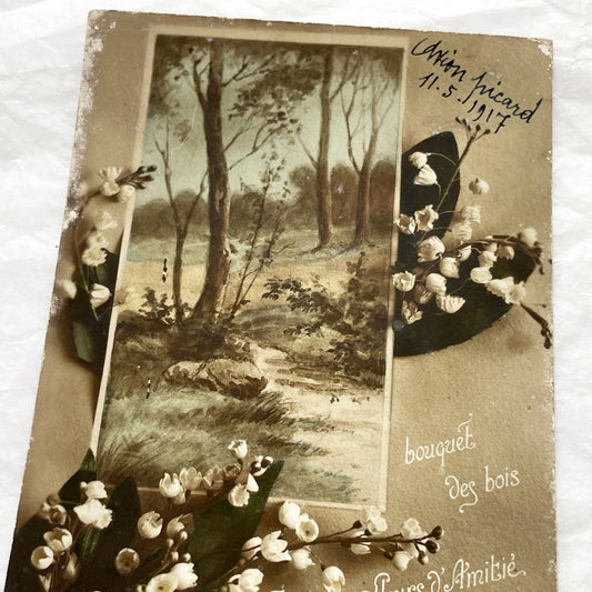1910s - Vintage French Postcard - Lily Of The Valley Flowers - Forest Path Illustration - Dated 1917 - Muguet Friendship Card