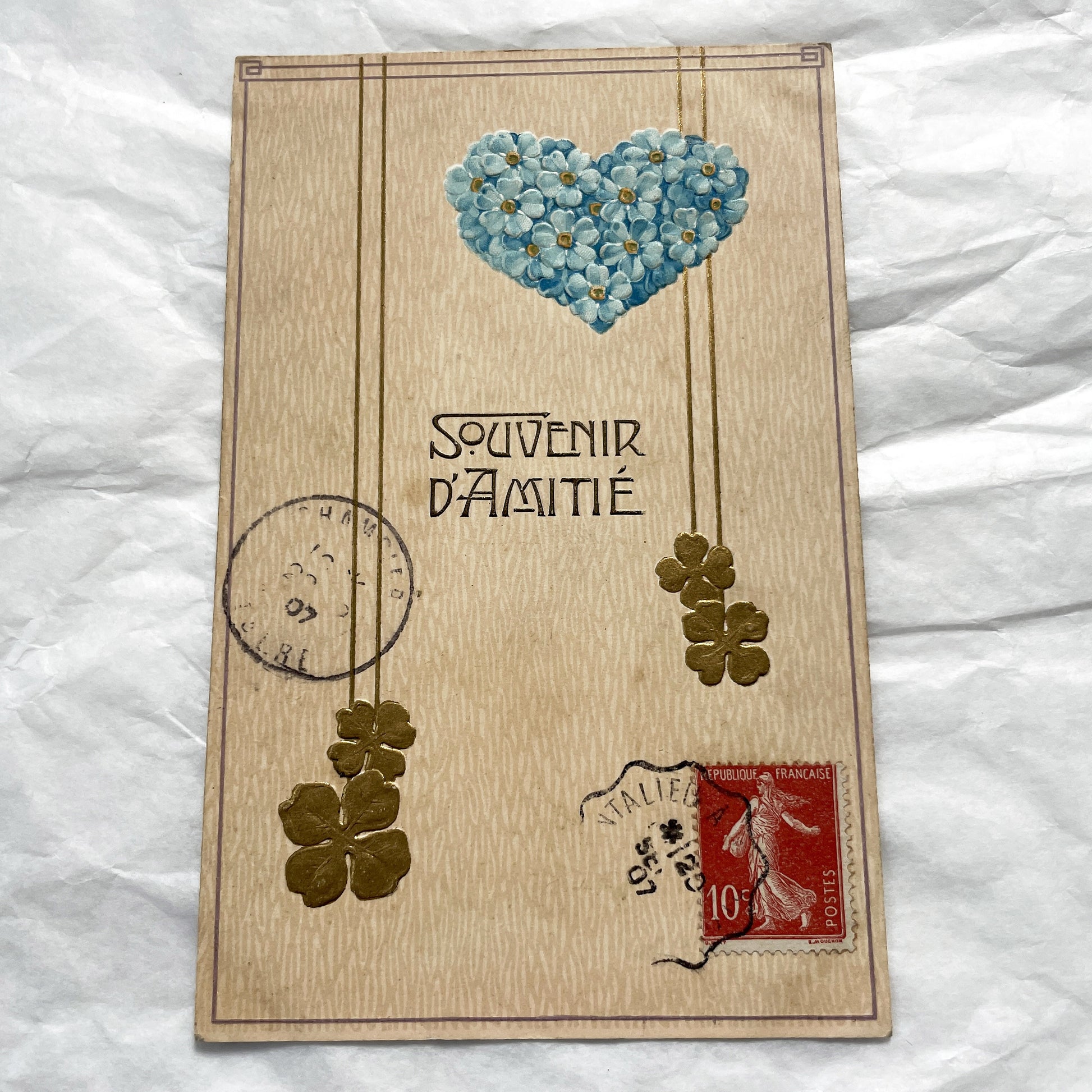 1900s - Vintage French Friendship Postcard - Embossed Forget-Me-Nots - Four Leaf Clover - Antique Floral Souvenir Card