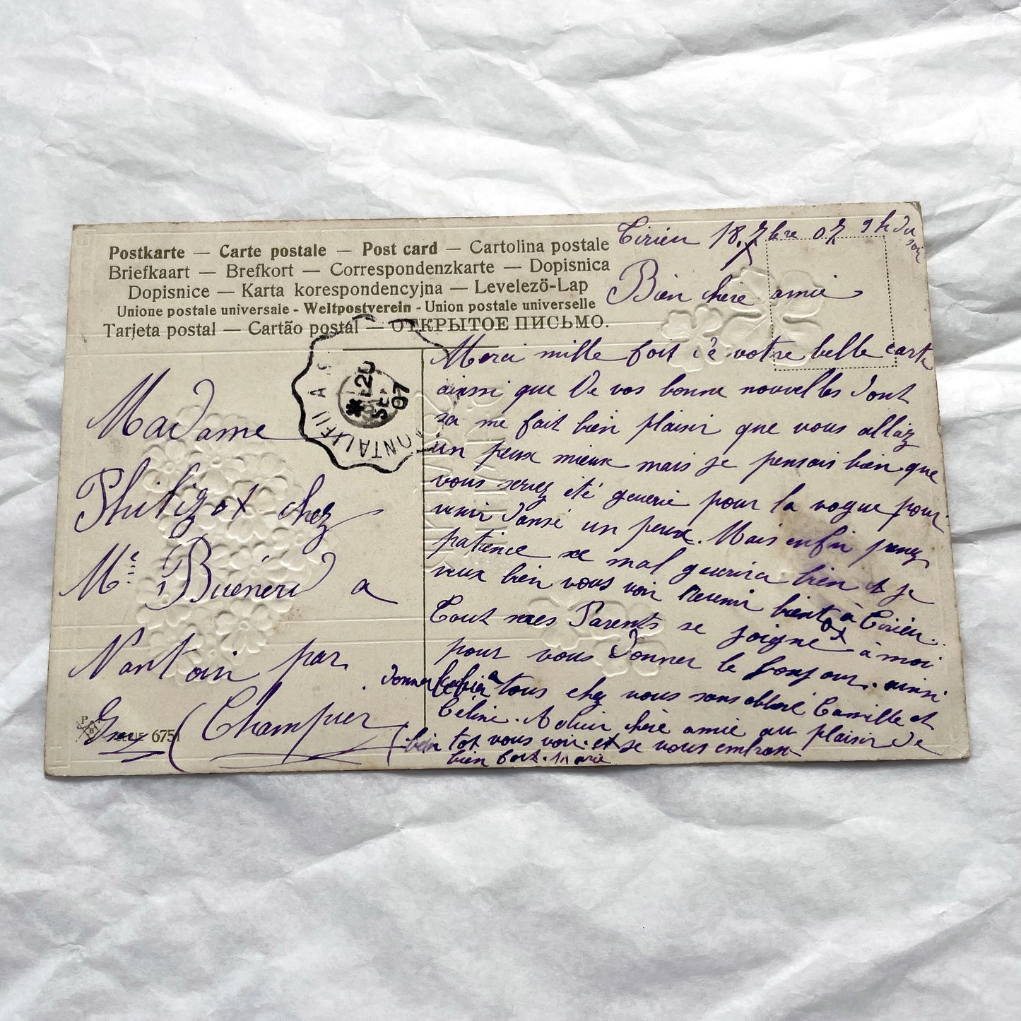 1900s - Vintage French Friendship Postcard - Embossed Forget-Me-Nots - Four Leaf Clover - Antique Floral Souvenir Card