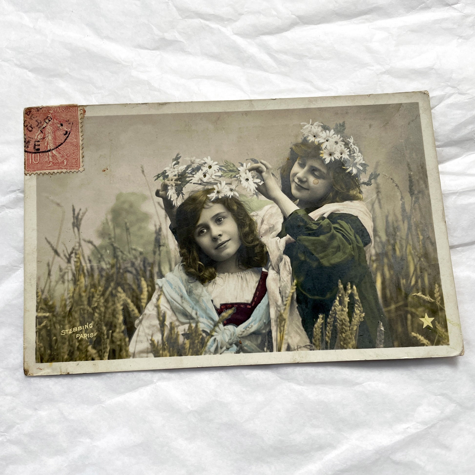 1900s - Antique Hand-Colored Postcard - Two Girls With Daisy Flower Wreath in Wheat Field - Stebbing Paris Art Nouveau Era Collectible