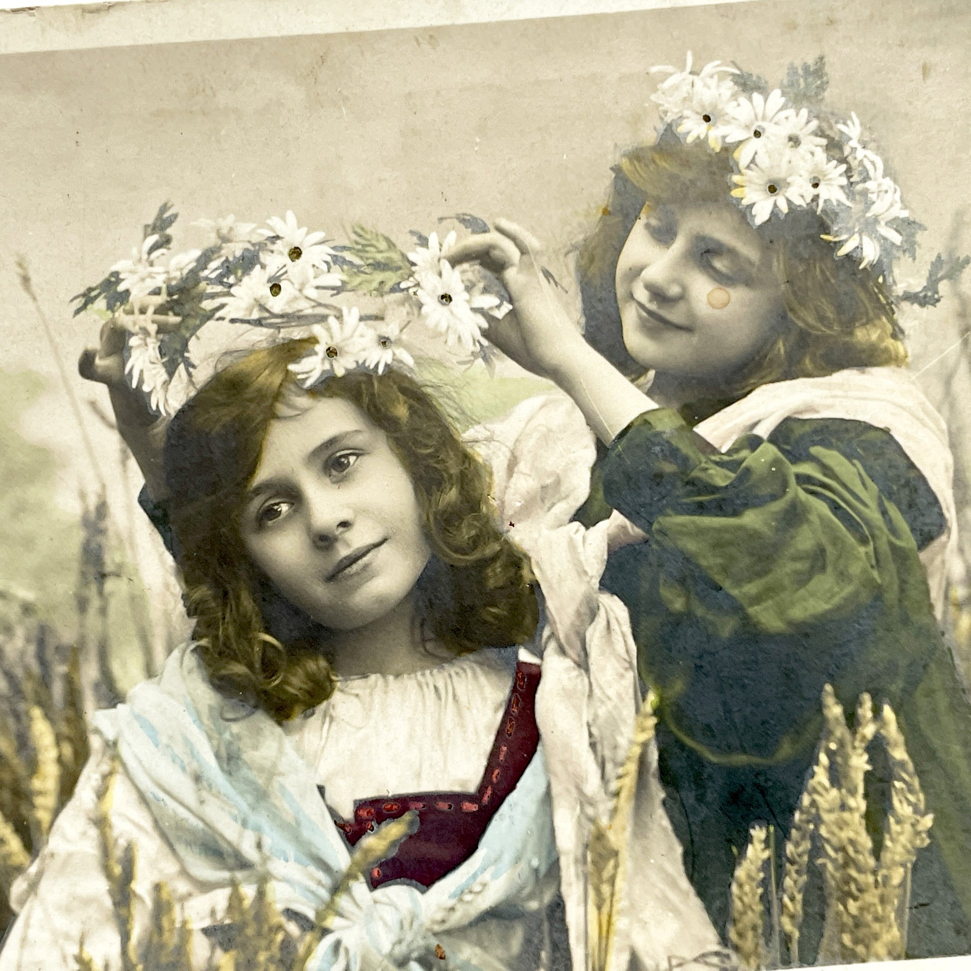 1900s - Antique Hand-Colored Postcard - Two Girls With Daisy Flower Wreath in Wheat Field - Stebbing Paris Art Nouveau Era Collectible